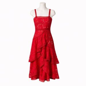 ALICE + OLIVIA Angelita Lace Asymmetrical Tiered Midi Dress